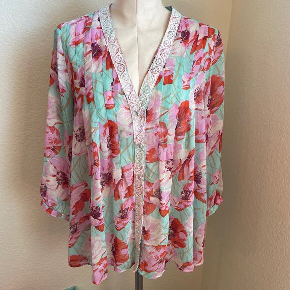 NY Collection Tops - NY Collection pink teal floral BOHO button down 3/4 sleeve womens blouse Large